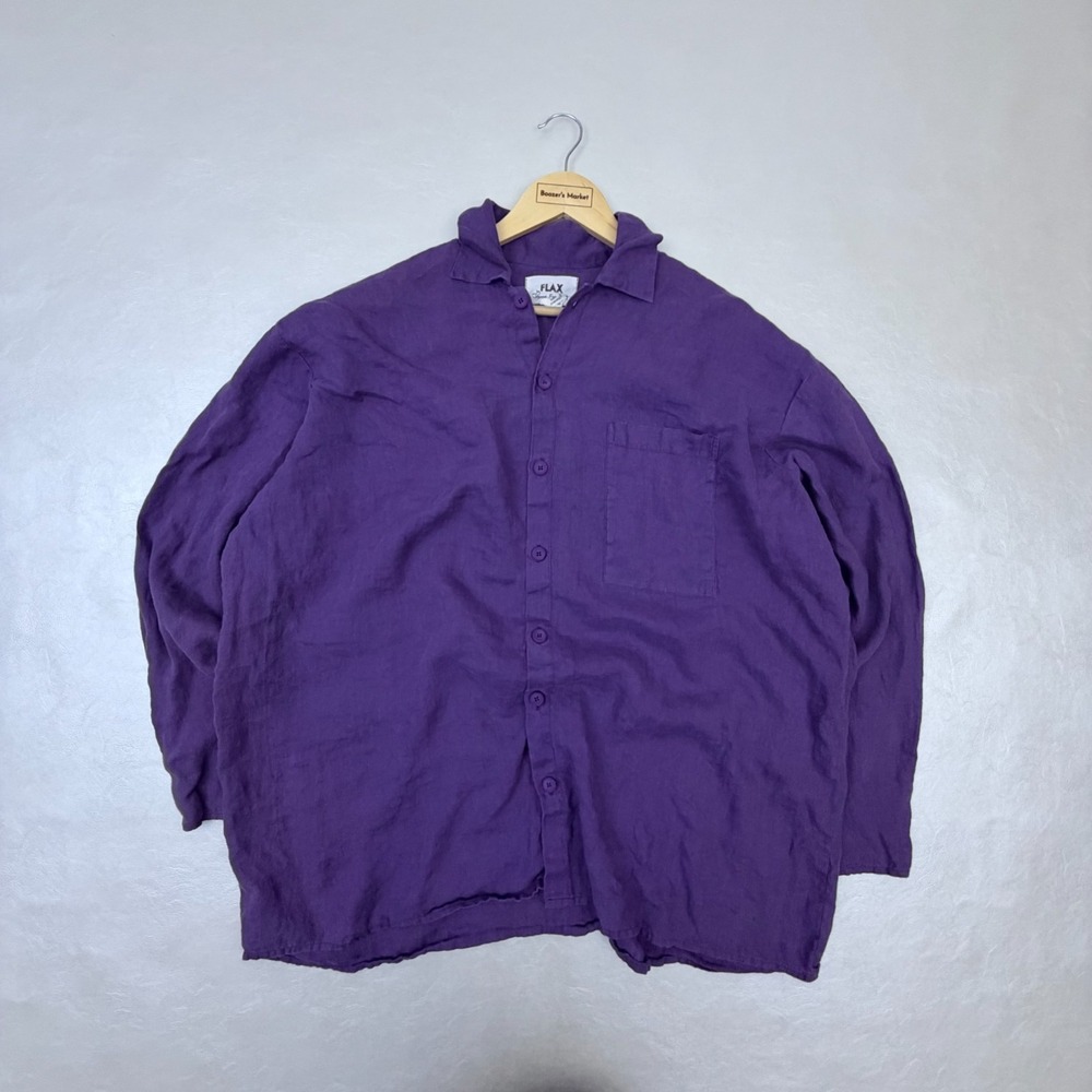 Flax Shirt Mens Large Purple 100% Linen Oversized Beach Vacation Button Up Flowy
